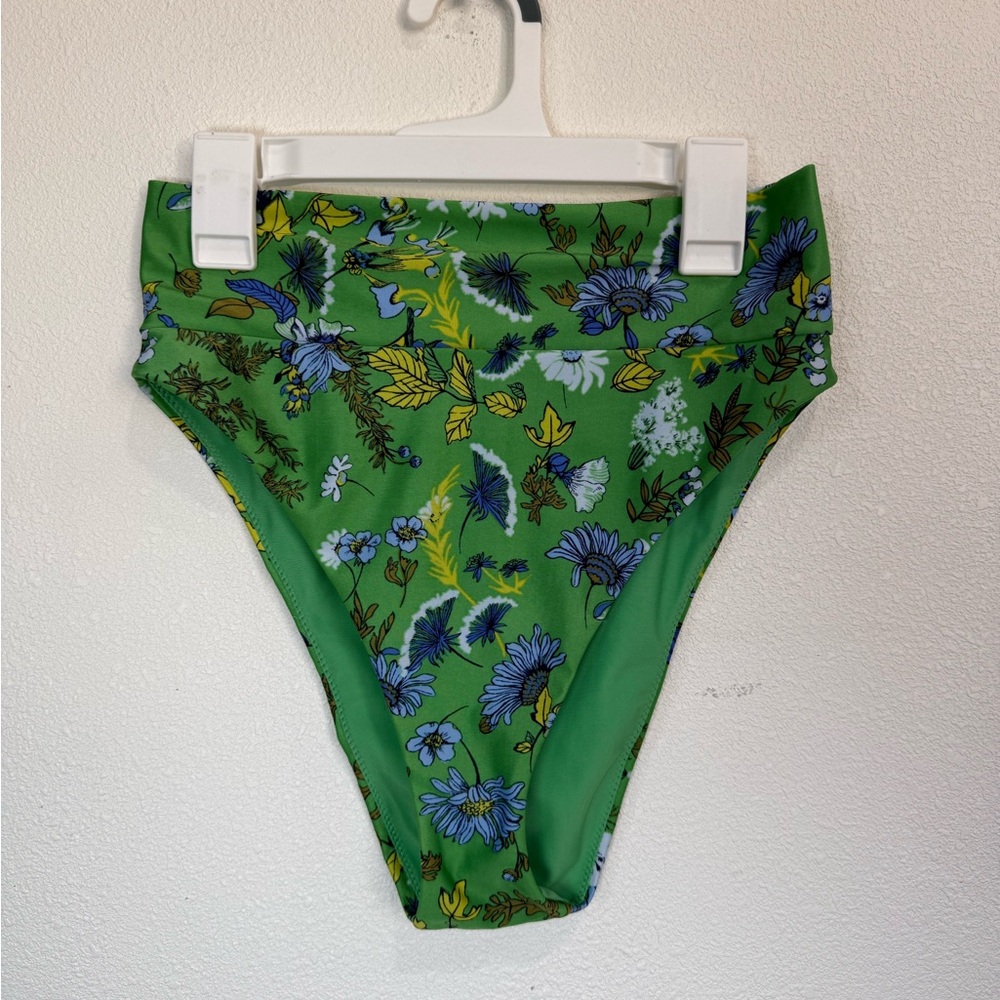 Aerie Green Floral High Cut Bikini Bottom High Leg Cheeky Swim Size S - Picture 2 of 4